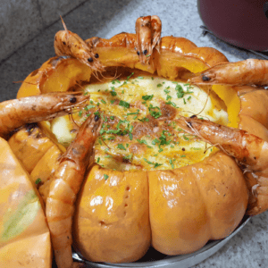 Brazilian stuffed pumpkin with shrimp stew